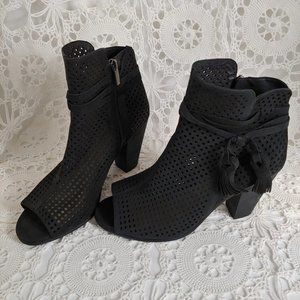 Black Perforated Suede Open Toe Bootie
